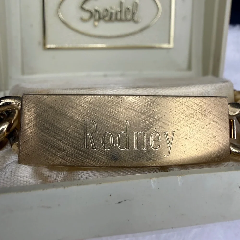 Vintage Speidel ID Bracelet Gold Tone Chunky Curb Rodney Engraved 1978 8